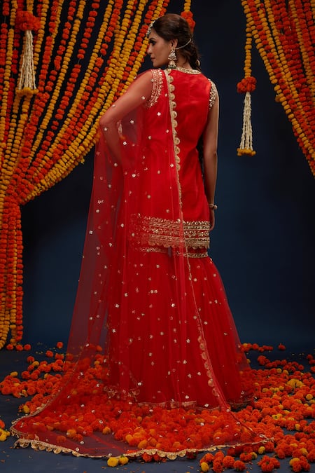 Shop Preeti S Kapoor Red Silk, Net Gota Patti Round Neck Embroidered Kurta Gharara Set at Aza Fashions Shop_Preeti S Kapoor_Red Silk, Net Gota Patti Round Neck Embroidered Kurta Gharara Set _at_Aza_Fashions