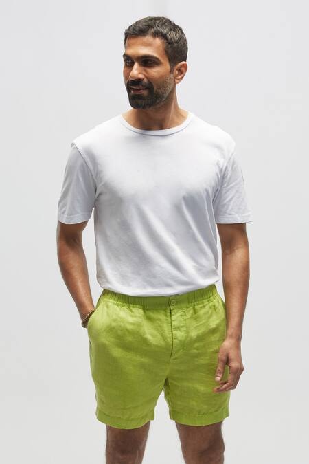Shop Terra Luna Green 100% Linen Solid Pool Shorts at Aza Fashions Shop_Terra Luna_Green 100% Linen Solid Pool Shorts_at_Aza_Fashions