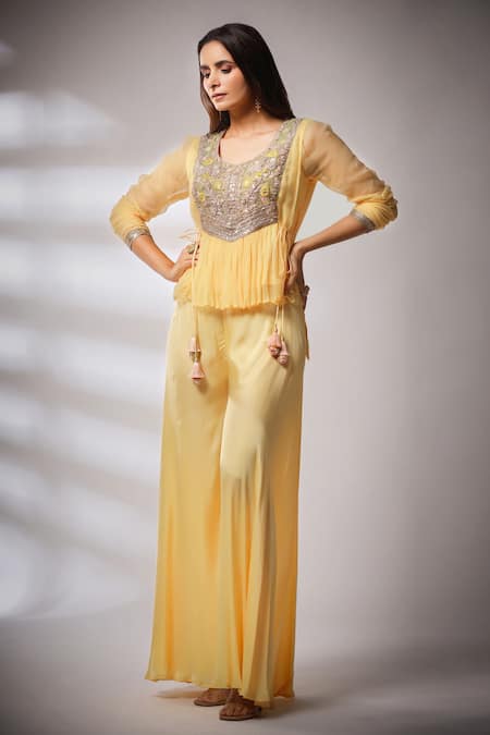 Shop Pallavi Jaipur Yellow Lining Shantoon, Pant Satin Blend, Bodice Embroidered And Flared Set at Aza Fashions Shop_Pallavi Jaipur_Yellow Lining Shantoon, Pant Satin Blend, Bodice Embroidered And Flared Set _at_Aza_Fashions