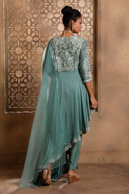 Shop Omana By Ranjana Bothra Blue Silk, Chiffon, Organza, Crepe Embroidery Asymmetric Anarkali Sharara Set at Aza Fashions Shop_Omana By Ranjana Bothra_Blue Silk, Chiffon, Organza, Crepe Embroidery Asymmetric Anarkali Sharara Set _at_Aza_Fashions
