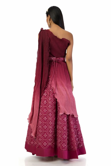 Shop Meghna Shah Pink Chiffon, Georgette Sequins, One Shoulder Textured Top And Skirt Set at Aza Fashions Shop_Meghna Shah_Pink Chiffon, Georgette Sequins, One Shoulder Textured Top And Skirt Set _at_Aza_Fashions