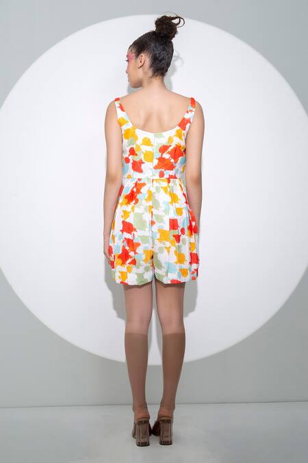 Shop Pocketful Of Cherrie White Crepe Scoop Neck Color Splash Print Romper at Aza Fashions Shop_Pocketful Of Cherrie_White Crepe Scoop Neck Color Splash Print Romper_at_Aza_Fashions