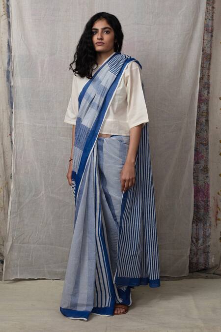 Shop Banana Labs Blue Cotton Printed Stripe Saree at Aza Fashions Shop_Banana Labs_Blue Cotton Printed Stripe Saree_at_Aza_Fashions