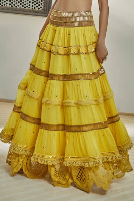 Shop Surily G Yellow Chanderi Embroidery Badla Lehenga Skirt at Aza Fashions Shop_Surily G_Yellow Chanderi Embroidery Badla Lehenga Skirt _at_Aza_Fashions