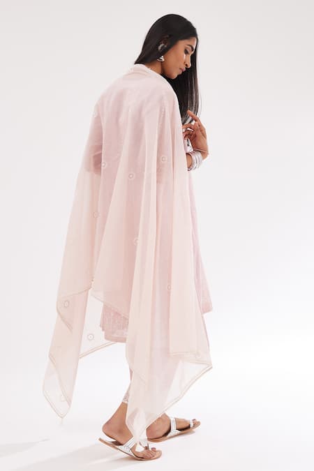 Shop Kora Pink , Satin, Chanderi Hand Block Print A-line Short Kurta Set at Aza Fashions Shop_Kora_Pink , Satin, Chanderi Hand Block Print A-line Short Kurta Set _at_Aza_Fashions