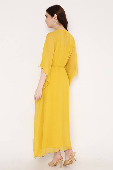 Shop Bha Sha Yellow Georgette Beads, Sequins Round Neck Saba Yoke Embroidered Kaftan at Aza Fashions Shop_Bha Sha_Yellow Georgette Beads, Sequins Round Neck Saba Yoke Embroidered Kaftan _at_Aza_Fashions