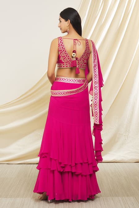 Shop Gopi Vaid Pink Tussar, Chiffon Embroidery Anupa Pre-draped Ruffle Saree With Blouse at Aza Fashions Shop_Gopi Vaid_Pink Tussar, Chiffon Embroidery Anupa Pre-draped Ruffle Saree With Blouse _at_Aza_Fashions