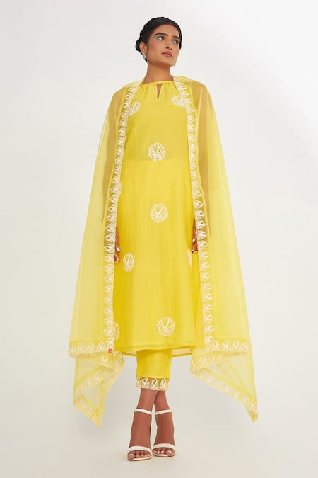 Shop Asaga Yellow Silk, Organza, Muslin Embroidery Round Neck Ava Kurta Set at Aza Fashions Shop_Asaga_Yellow Silk, Organza, Muslin Embroidery Round Neck Ava Kurta Set _at_Aza_Fashions