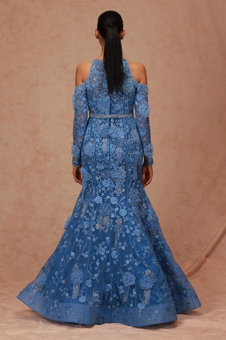 Shop Shriya Som Blue Tulle Embroidery, Cut Work, Crystals Round Floral Fish Tail Hemline Gown at Aza Fashions Shop_Shriya Som_Blue Tulle Embroidery, Cut Work, Crystals Round Floral Fish Tail Hemline Gown _at_Aza_Fashions