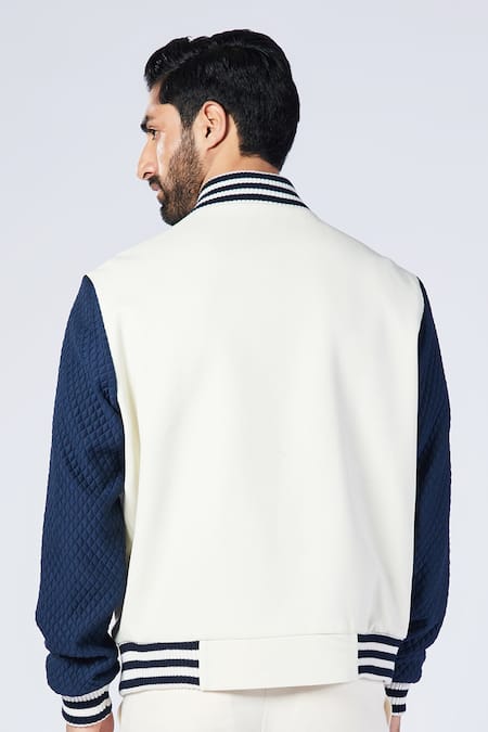 Shop_S&N by Shantnu Nikhil_Off White Cotton, Polyester Colorblock Varsity Jacket _at_Aza_Fashions