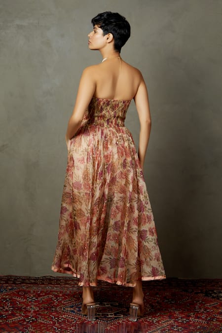 Shop_RI.Ritu Kumar_Pink Silk, Viscose Embroidery, Sequins Sweetheart Magnolia Flared Bandeau Dress _at_Aza_Fashions