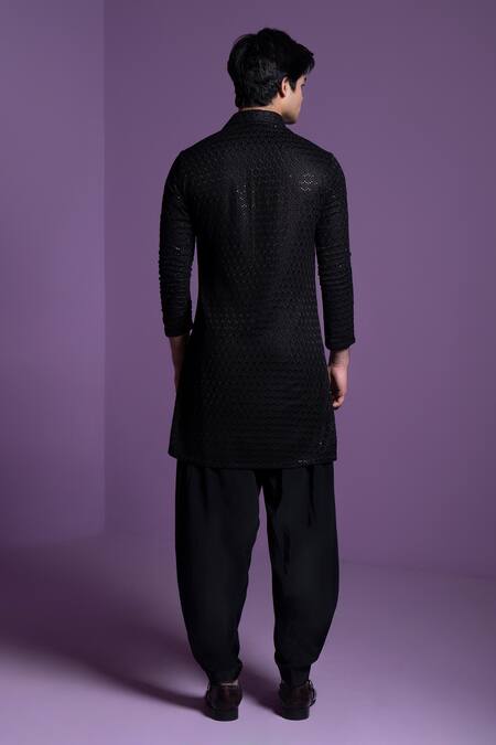 Shop_Contrast By Parth_Black Georgette Embroidery, Sequins Embellished Kurta With Salwar_at_Aza_Fashions