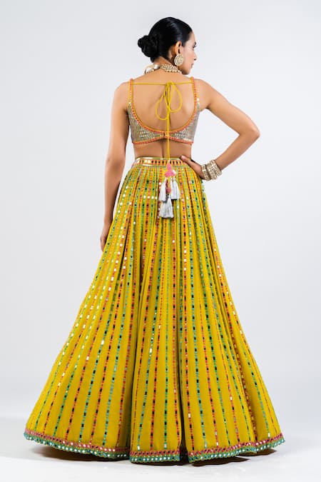 Shop Vvani By Vani Vats Green Georgette, Satin, Organza Mirrors V-neck Linear Pattern Lehenga Set at Aza Fashions Shop_Vvani By Vani Vats_Green Georgette, Satin, Organza Mirrors V-neck Linear Pattern Lehenga Set _at_Aza_Fashions