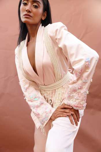 Shop Richa Khemka Pink Modal, Taffeta, Organza Pearls, Cedar Embellished Blazer And Pant Set at Aza Fashions Shop_Richa Khemka_Pink Modal, Taffeta, Organza Pearls, Cedar Embellished Blazer And Pant Set_at_Aza_Fashions