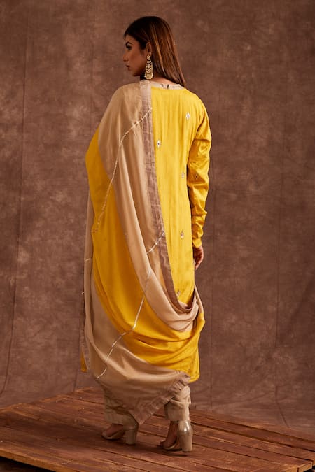 Shop The Home Affair Yellow Chiffon Embroidery, Gota Patti Round Neck Contrast Jacket Kurta Set at Aza Fashions Shop_The Home Affair_Yellow Chiffon Embroidery, Gota Patti Round Neck Contrast Jacket Kurta Set _at_Aza_Fashions