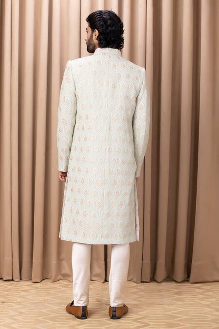 Shop Ankit V Kapoor Green Silk, Cotton Embroidery Fahad Leaf Sherwani Set at Aza Fashions Shop_Ankit V Kapoor_Green Silk, Cotton Embroidery Fahad Leaf Sherwani Set_at_Aza_Fashions