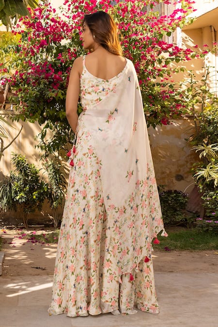 Shop Suruchi Parakh Off White Georgette, Crepe Embroidery Printed Crop Top Pant Set at Aza Fashions Shop_Suruchi Parakh_Off White Georgette, Crepe Embroidery Printed Crop Top Pant Set _at_Aza_Fashions