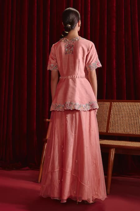Shop Ajiesh Oberoi Pink Silk, Organza Beads Scoop Neck Urvi Floret Embroidered Jacket And Sharara Set at Aza Fashions Shop_Ajiesh Oberoi_Pink Silk, Organza Beads Scoop Neck Urvi Floret Embroidered Jacket And Sharara Set _at_Aza_Fashions