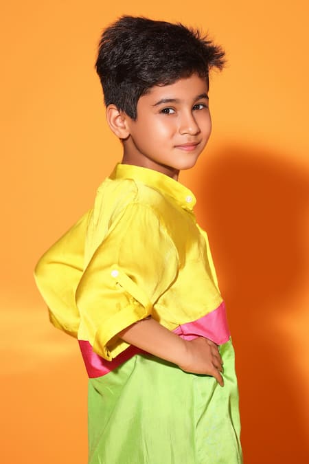 Shop Littlecheer Multi Color Viscose, Satin Front Buttoned Band Collar Shirt at Aza Fashions Shop_Littlecheer_Multi Color Viscose, Satin Front Buttoned Band Collar Shirt _at_Aza_Fashions