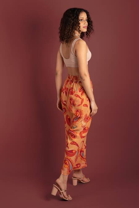 Shop_Style Junkiie_Beige Crepe Paisley Desert Sand Cropped Trouser _at_Aza_Fashions