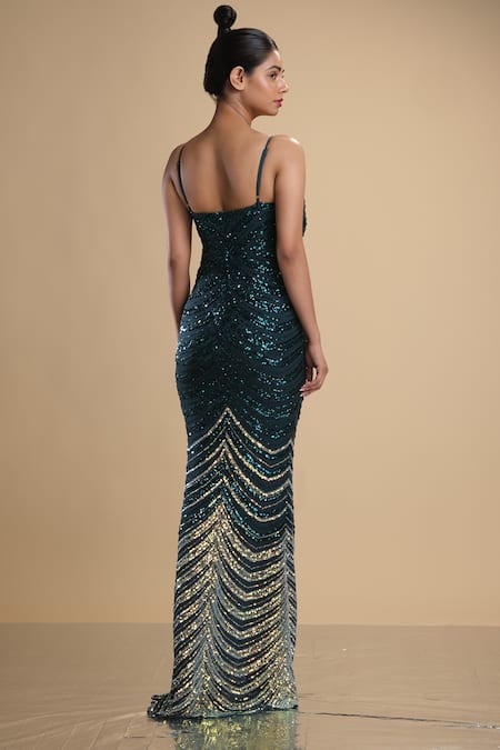 Shop Kommal Sood Green Lycra Stretch Net Embroidered Sequins Graphic Pattern Work Gown at Aza Fashions Shop_Kommal Sood_Green Lycra Stretch Net Embroidered Sequins Graphic Pattern Work Gown _at_Aza_Fashions