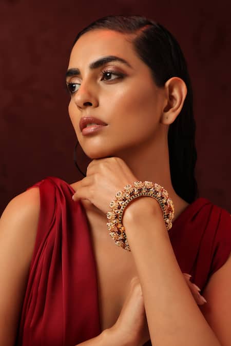 Shop_Swabhimann_Green Pearls, Diamonds Kundan Embellished Pacheli Kada _at_Aza_Fashions