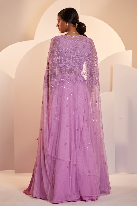 Shop_Shloka Khialani_Purple Georgette Embellished Floral Cape Open Eve Lehenga Set  _at_Aza_Fashions
