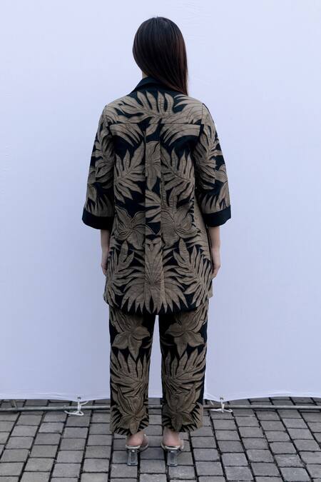 Shop_Kavya Singh Kundu_Beige Cotton Sequins, Cut Work, Applique Shawl Neck Amazonia Shirt With Pant _at_Aza_Fashions