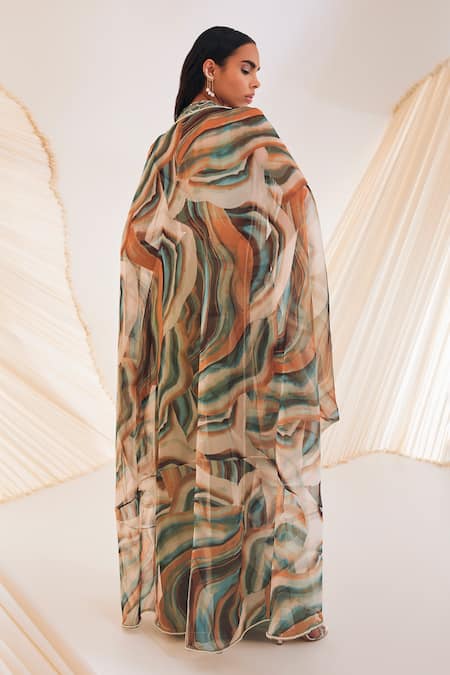 Shop Divya Aggarwal Green Satin Embroidery V-neck Multi Color Marble Effect Cape Skirt Set at Aza Fashions Shop_Divya Aggarwal_Green Satin Embroidery V-neck Multi Color Marble Effect Cape Skirt Set _at_Aza_Fashions