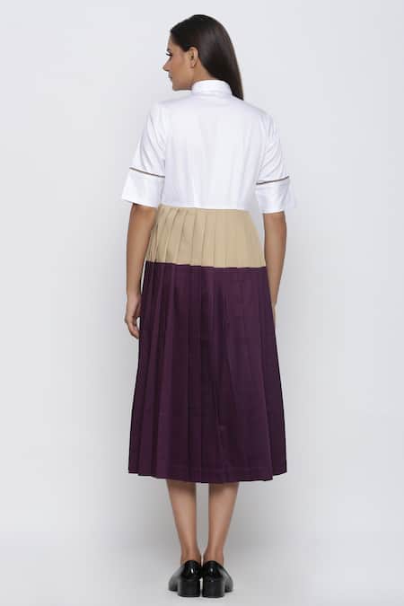Shop Escape By Aishwarya Purple Cotton Satin Shawl Neck Pleated Colorblock Midi Dress at Aza Fashions Shop_Escape By Aishwarya_Purple Cotton Satin Shawl Neck Pleated Colorblock Midi Dress _at_Aza_Fashions