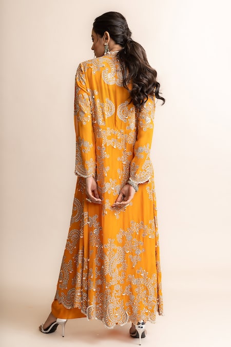 Shop_Nupur Kanoi_Orange Georgette, Satin, Crepe Studs, Hand Embroidered Long Jacket And Skirt Set _at_Aza_Fashions