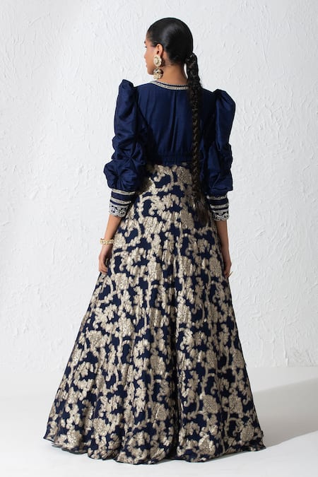 Rishi and Vibhuti Modesty Neckline Embroidered Dress With Belt 