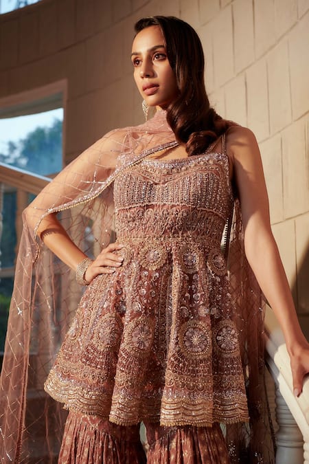 Shop Adaara Couture Purple Silk, Georgette Embroidery, Sequins, Beads Hand Peplum Kurta Sharara Set at Aza Fashions Shop_Adaara Couture_Purple Silk, Georgette Embroidery, Sequins, Beads Hand Peplum Kurta Sharara Set _at_Aza_Fashions