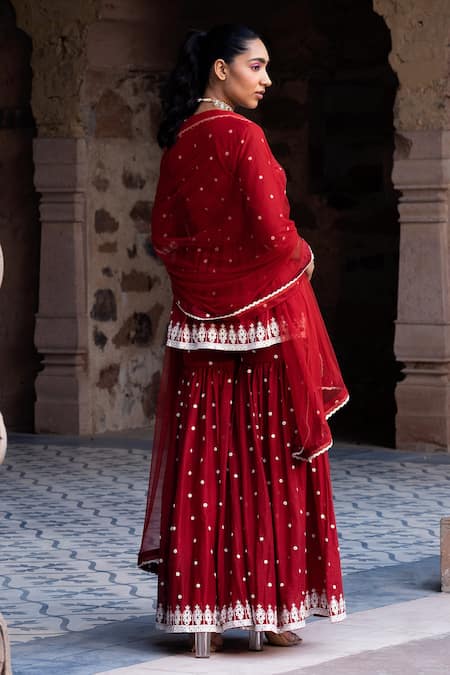 Shop_Preevin_Red Cotton, Net Embroidery, Lace V-neck Triangle Short Angarkha Set _at_Aza_Fashions