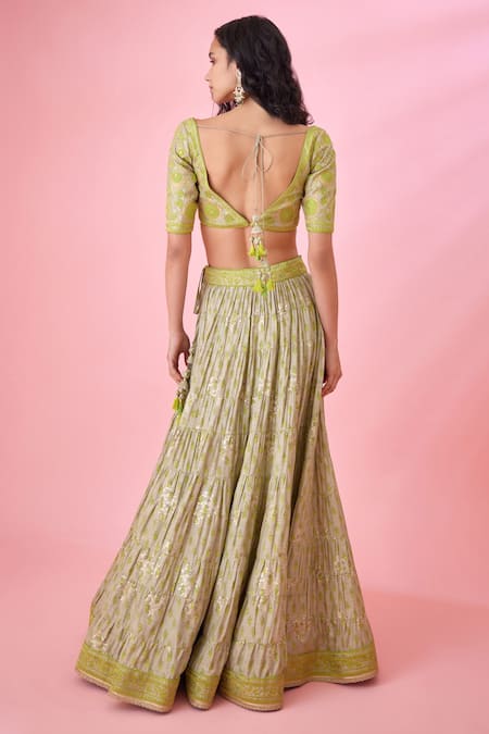 Shop Shyam Narayan Prasad Green Brocade, Silk Embroidery, Applique, Tassels Floral Print Lehenga Set at Aza Fashions Shop_Shyam Narayan Prasad_Green Brocade, Silk Embroidery, Applique, Tassels Floral Print Lehenga Set _at_Aza_Fashions