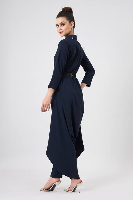 Shop_Aakaar_Blue Beads, Crystals Collared Neck Jumpsuit With Belt _at_Aza_Fashions