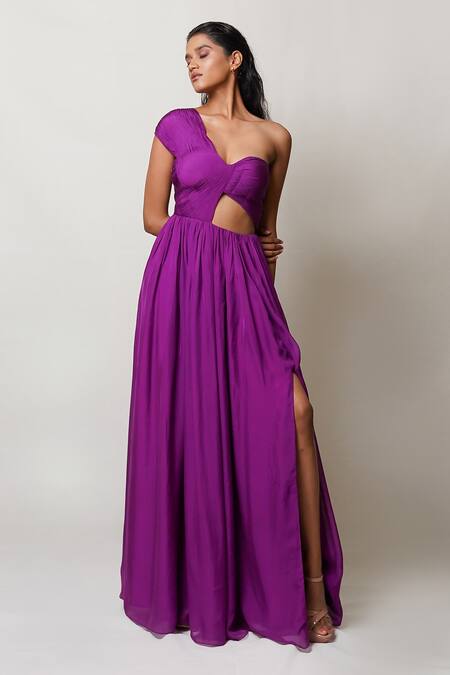 Shop Pinup By Astha Purple Flat Chiffon Lining Butter Crepe One Shoulder Pleated Gown at Aza Fashions Shop_Pinup By Astha_Purple Flat Chiffon Lining Butter Crepe One Shoulder Pleated Gown _at_Aza_Fashions