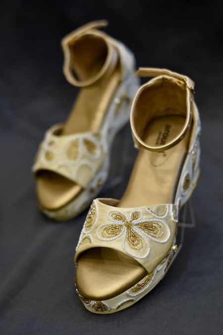 Around Always_Gold Embroidery Isabelle Wedges _Online_at_Aza_Fashions