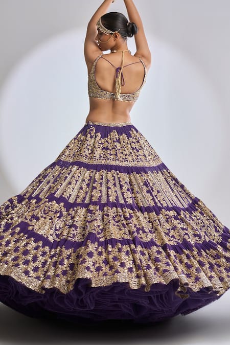 Seema Gujral_Purple Georgette Gota Patti Plunge V Neck Embroidered Bridal Lehenga Set _Online_at_Aza_Fashions