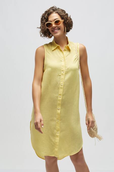 Shop Terra Luna Yellow 100% Linen Plain Pointed Collar Dress at Aza Fashions Shop_Terra Luna_Yellow 100% Linen Plain Pointed Collar Dress _at_Aza_Fashions