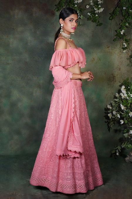 Shop Archana Kochhar Pink Georgette Mirrors, Embroidery One Shoulder Waistband Lucknowi Lehenga Set at Aza Fashions Shop_Archana Kochhar_Pink Georgette Mirrors, Embroidery One Shoulder Waistband Lucknowi Lehenga Set _at_Aza_Fashions