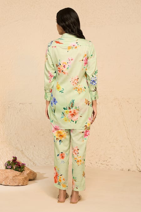 Shop Chrkha Green Cotton Satin Collared Floral Print Shirt With Pant at Aza Fashions Shop_Chrkha_Green Cotton Satin Collared Floral Print Shirt With Pant _at_Aza_Fashions