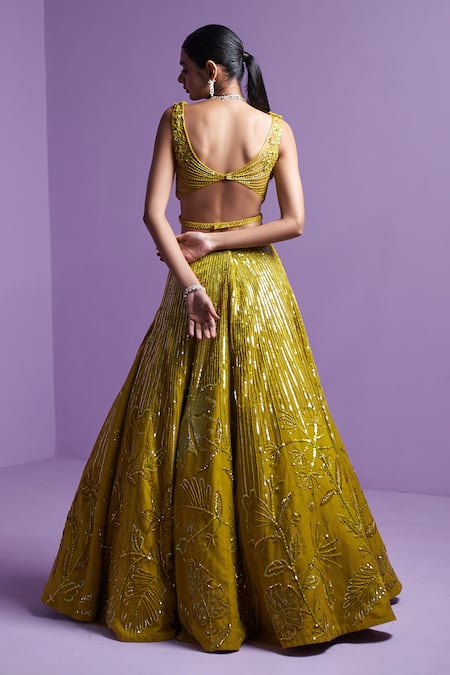 Shop_Parul Gandhi_Green Silk, Organza Sequins, Crystals Embroidered Floral Spectrum Lehenga Set _at_Aza_Fashions