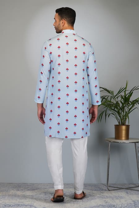 Shop Eleven Brothers Blue Silk, Cotton Floral Bloom Print Kurta And Pant Set at Aza Fashions Shop_Eleven Brothers_Blue Silk, Cotton Floral Bloom Print Kurta And Pant Set _at_Aza_Fashions