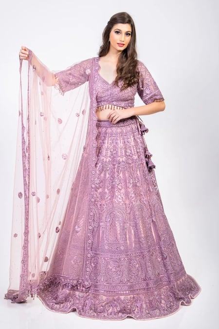 Shop Mehar Pink Net Embroidery, Tassels V-neck Floral Bridal Lehenga Set at Aza Fashions Shop_Mehar_Pink Net Embroidery, Tassels V-neck Floral Bridal Lehenga Set _at_Aza_Fashions