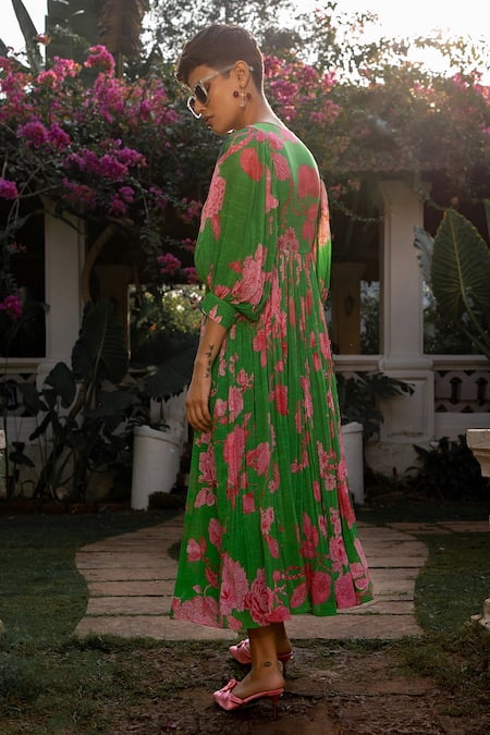 Shop_Paulmi and Harsh_Green Crepe Sequins, Mirrors Round Neck Spring Blooming Floral Pattern Dress _at_Aza_Fashions