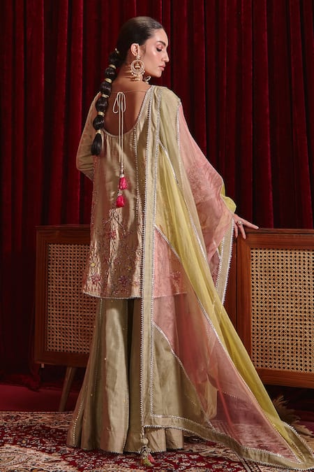 Shop Ajiesh Oberoi Green Silk, Organza Embroidery Round Neck Anahita Floral Kurta Gharara Set at Aza Fashions Shop_Ajiesh Oberoi_Green Silk, Organza Embroidery Round Neck Anahita Floral Kurta Gharara Set _at_Aza_Fashions