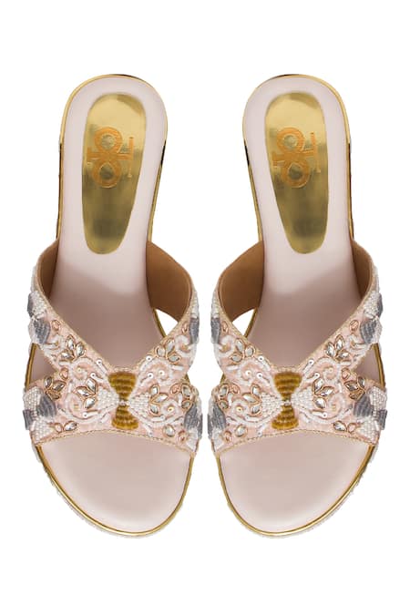 Shop Kkarma Accessories Multi Color Embroidery Dipali Criss Cross Platform Wedges at Aza Fashions Shop_Kkarma Accessories_Multi Color Embroidery Dipali Criss Cross Platform Wedges _at_Aza_Fashions