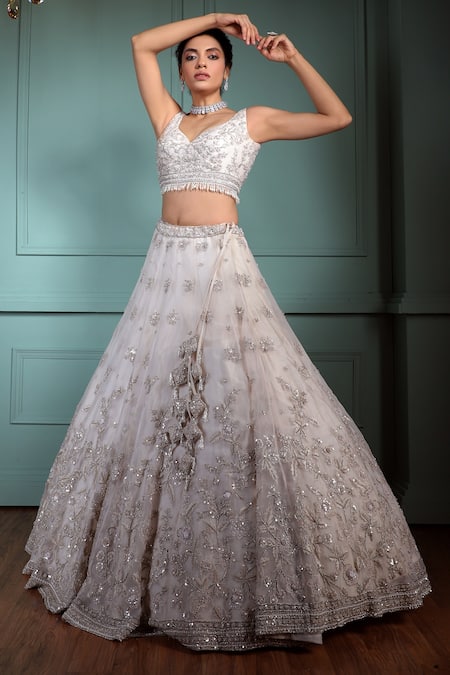 Shop Pallavi Poddar Ivory Organza, Tulle Embroidery, Sequins, Abir Embellished Bridal Lehenga Set at Aza Fashions Shop_Pallavi Poddar_Ivory Organza, Tulle Embroidery, Sequins, Abir Embellished Bridal Lehenga Set _at_Aza_Fashions