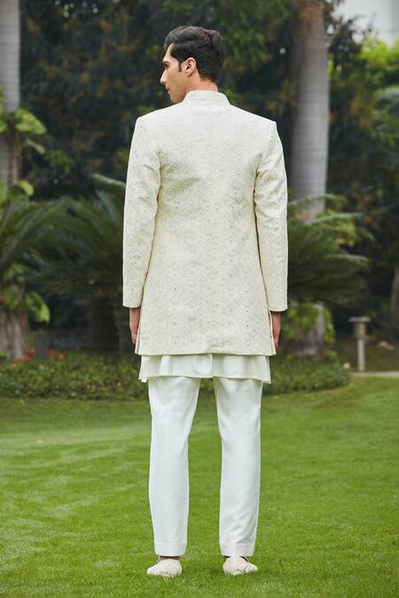 Shop Bohame Off White Georgette, Cotton, Silk, Itvara Chikankari Open Achkan Jacket Set at Aza Fashions Shop_Bohame_Off White Georgette, Cotton, Silk, Itvara Chikankari Open Achkan Jacket Set_at_Aza_Fashions